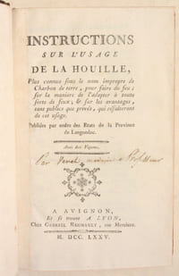 INSTRUCTIONS SUR L'USAGE DE LA HOUILLE, plus connue sous le nom impropre de Charbon de terre, pour faire du feu ; sur la manière de l'adapter à toute sorte de feux ; et sur les avantages, tant publics que privés, qui résulteront de cet usage. Publiées par ordre des Etats de la Province de Languedoc. Avec des figures.