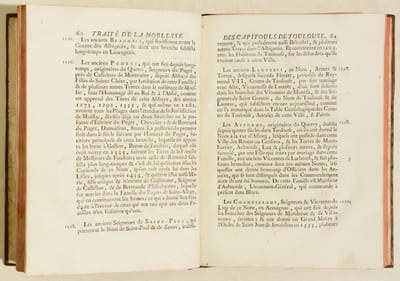 TRAITÉ DE LA NOBLESSE DES CAPITOULS DE TOULOUSE, avec des additions et remarques de l'Auteur sur ce Traité, quatrième édition. Revue, corrigée et augmentée de plusieurs Edits, Chartres [sic], Declarations et Arrêts du Conseil, etc.