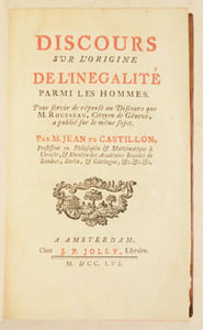 DISCOURS SUR L'ORIGINE DE L'INÉGALITÉ PARMI LES HOMMES. Pour servir de réponse au Discours que M. Rousseau, Citoyen de Genève, a publié sur le même sujet.
