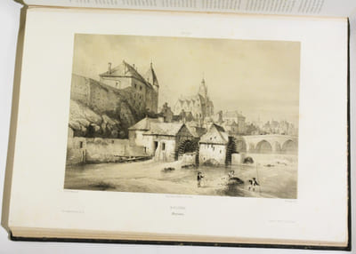 LE MAINE HISTORIQUE, ARCHÉOLOGIQUE ET PITTORESQUE. Recueil des sites et des monuments les plus remarquables sous le rapport de l'art et de l'histoire, des départements entiers de la Sarthe et de la Mayenne, dessinés par le Baron de Wismes, lithographiés par les meilleurs artistes de Paris, et accompagnés d'un texte historique, archéologique et descriptif, [etc.] [2 volumes].