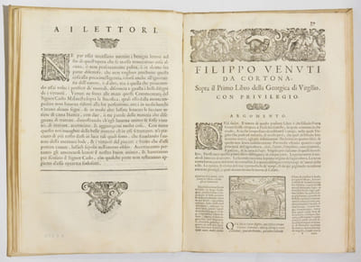 L'OPERE DI VIRGILIO MANTOANO. Cioe la Bucolica, la Georgica, e l'Eneide. Commentate in Lingua Volgare Toscana, da Giovanni Fabrini da Fighine, da Carlo Malatesta da Rimene, & da Filippo Venuti da Cortona. [...] Nuovamente ornate di vaghe & bellissime Figure.