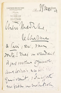 LETTRE AUTOGRAPHE SIGNÉE [adressée à Madame la Comtesse DU PATY DE CLAM].