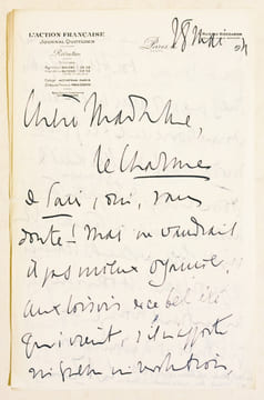 LETTRE AUTOGRAPHE SIGNÉE [adressée à Madame la Comtesse DU PATY DE CLAM].. MAURRAS (Charles).
