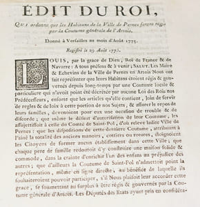 ÉDIT DU ROI, qui ordonne que les Habitans de la Ville de Pernes seront régis par la Coutume générale de l'Artois.