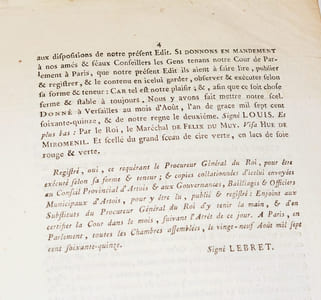 ÉDIT DU ROI, qui ordonne que les Habitans de la Ville de Pernes seront régis par la Coutume générale de l'Artois.