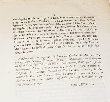 ÉDIT DU ROI, qui ordonne que les Habitans de la Ville de Pernes seront régis par la Coutume générale de l'Artois.. LOUIS XVI - LEBRET - MIROMESNIL ...