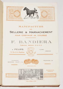 MANUFACTURE DE SELLERIE & HARNACHEMENT POUR CHEVAUX DE COURSE. F. BANDIERA fabricant breveté S. G. D. G. à Feurs (Loire).