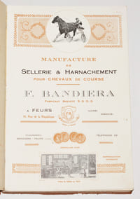MANUFACTURE DE SELLERIE & HARNACHEMENT POUR CHEVAUX DE COURSE. F. BANDIERA fabricant breveté S. G. D. G. à Feurs (Loire).