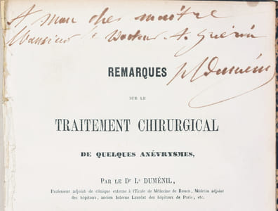 DU TRAITEMENT DES ANÉVRYSMES [ANÉVRISMES] PAR LA COMPRESSION INDIRECTE - DU MODE DE FORMATION DES CAILLOTS FIBRINEUX STRATIFIÉS DANS LES ANÉVRYSMES - REMARQUES SUR LE TRAITEMENT CHIRURGICAL DE QUELQUES ANÉVRYSMES - RECHERCHES SUR LES ALTÉRATIONS DES ARTÈRES À LA SUITE DE LA LIGATURE - DES ALTÉRATIONS ATHÉROMATEUSES DES ARTÈRES - DE LA LIGATURE DE L'ARTÈRE CAROTIDE PRIMITIVE - ÉTUDE SUR LA LIGATURE DE L'ARTÈRE FÉMORALE.