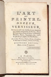 L'ART DE PEINTRE, DOREUR, VERNISSEUR, ouvrage utile aux Artistes & aux Amateurs qui veulent entreprendre de Peindre, Dorer & Vernir toutes sortes de sujets, en Bâtimens, Meubles, Bijoux, Équipages, &c.