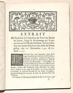 EXTRAIT DU VERBAL DE LA TRADUCTION DU TARIF DES DROITS DE LEUDE, PÉAGE ET GUIDONAGE QUI SE PERÇOIVENT EN LA VILLE DE TOULOUSE, fait en exécution des arrêts de la Cour des Aides de Montpellier, des 16 Novembre 1747, & 21 Avril 1757 - MÉMOIRE POUR LE SINDIC DE LA VILLE DE TOULOUSE.