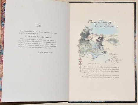 ON NE BADINE PAS AVEC L'AMOUR. Proverbe en 3 actes orné d'une couverture illustrée et de 35 lithographies originales par Louis Morin.. MUSSET (Alfred ...