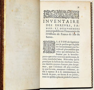 INVENTAIRE DES ERREURS, FABLES ET DESGUISEMENS REMARQUABLES EN L'INVENTAIRE GÉNÉRAL DE L'HISTOIRE DE FRANCE DE IAN DE SERRES.