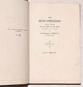 LES DEVIZ COMINGEOIS. Joyeulx récipts du bon temps de nos pères recueillis & mis en ordre par Le Philosophe Marcuz de Montréal de Rivière - LA ...