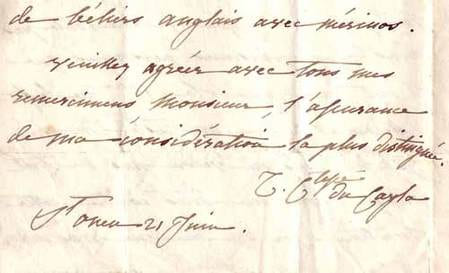 LETTRE AUTOGRAPHE signée "Z. Ctesse Du Cayla", adressée à "Monsieur Robicher, à Estrée par Aire-sur-la-Lys, Dépt. du Pas-de-Calais", localisée et datée "St Ouen, 21 juin [1828]". 