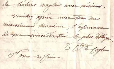 LETTRE AUTOGRAPHE signée "Z. Ctesse Du Cayla", adressée à "Monsieur Robicher, à Estrée par Aire-sur-la-Lys, Dépt. du Pas-de-Calais", localisée et datée "St Ouen, 21 juin [1828]". 
