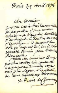 LETTRE AUTOGRAPHE signée "Pierre Puvis de Chavannes", localisée et datée "Paris, 29 avril 1874".