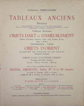 COLLECTION MARGOSSIAN. Tableaux anciens - Dessins - Faïences - Porcelaines - Orfèvrerie - Pendules - Tapisseries - tapis - Objets d'orient - Faïences ...