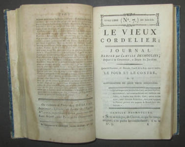Le VIEUX CORDELIER, rédigé par Camille Desmoulins, député à la Convention et doyen des Jacobins. Du N°1 [Frimaire, An II, 25 novembre 1793] au N°7 [Pluviôse, Ane II, 24 janvier 1794], suivis de la "Copie de la Lettre écrite par Camille Desmoulins à sa femme, datée de la Prison du Luxembourg".