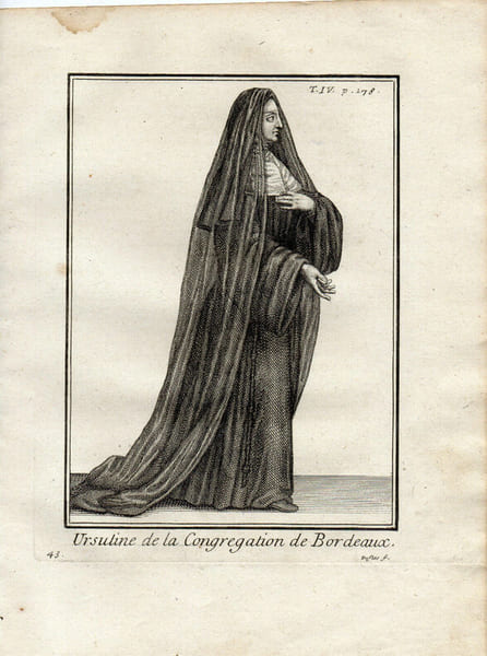 Gravure sur cuivre.  
ANCIEN HABILLEMENT DES RELIGIEUSES URSULINES DE LA CONGREGATION DE BORDEAUX. 