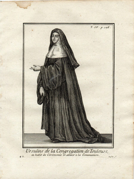 Gravure sur cuivre.  
URSULINE DE LA CONGREGATION DE TOULOUSE EN HABIT cer&eacute;monie allant &agrave; la communion. 