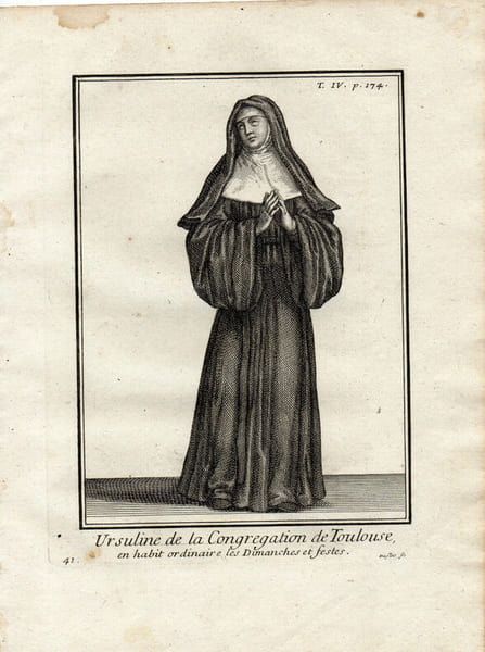 Gravure sur cuivre.  
URSULINE DE LA CONGREGATION DE TOULOUSE EN HABIT ORDINAIRE Dimanches & festest . 