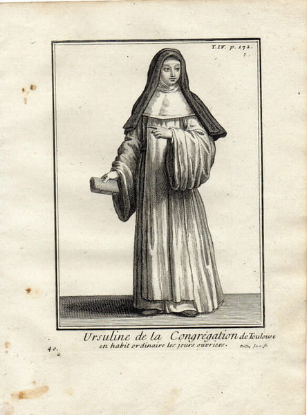 Gravure sur cuivre.  
URSULINE DE LA CONGREGATION DE TOULOUSE EN HABIT ORDINAIRE les jours ouvriers. 