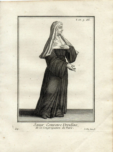 Gravure sur cuivre.  
SOEUR CONVERSE URSULINE DE LA CONGREGATION DE PARIS. 