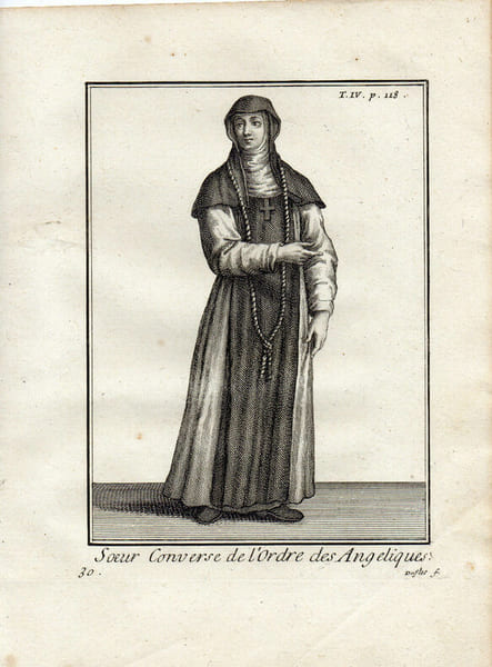 Gravure sur cuivre.  
SOEUR CONVERSE DE L'ORDRE DES ANGELIQUES. 