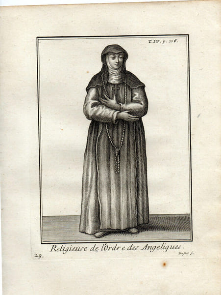 Gravure sur cuivre.  
RELIGIEUSE DE L'ORDRE DES ANGELIQUES. 
