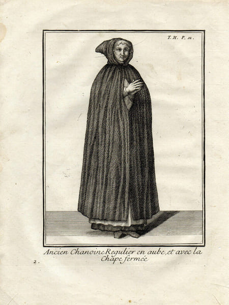 Gravure sur cuivre.  
ANCIEN CHANOINE REGULIER EN AUBE avec la chappe ferm&eacute;e. 
