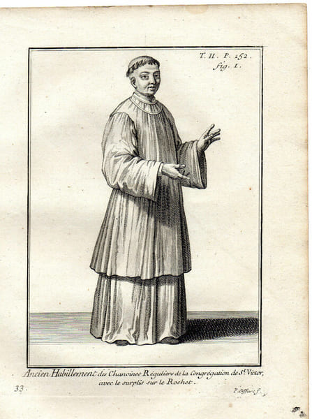 Gravure sur cuivre.  
ANCIEN HABIT DES CHANOINES DE S.VICTOR avec le surplis sur le Rocher. 