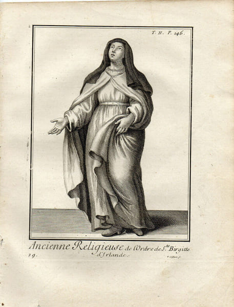 Gravure sur cuivre.  
ANCIENNE RELIGIEUSE DE L'ORDRE DE Ste BRIGITTE D'IRLANDE. 