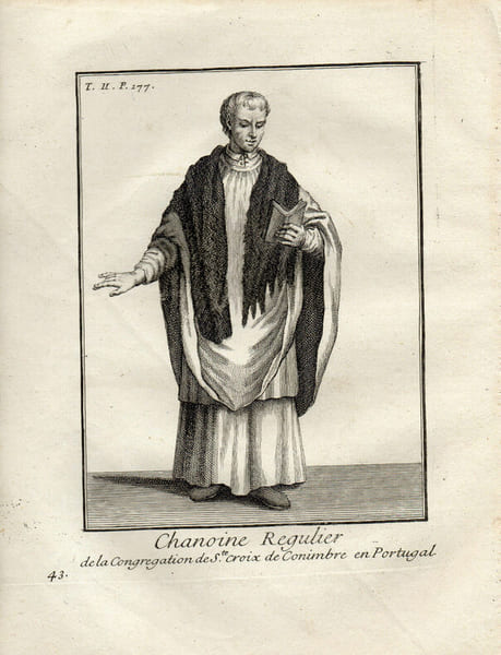 Gravure sur cuivre.  
CHANOINE DE LA CONGREGATION DE Ste CROIX DE CONIMBRE EN PORTUGAL. 