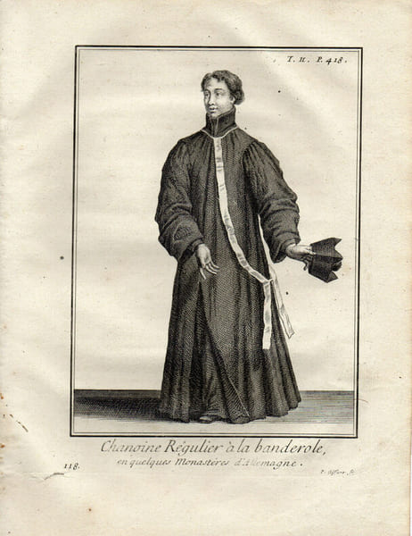 Gravure sur cuivre.  
CHANOINE REGULIER A LA BANDEROLE MONASTERES D'ALLEMAGNE. 