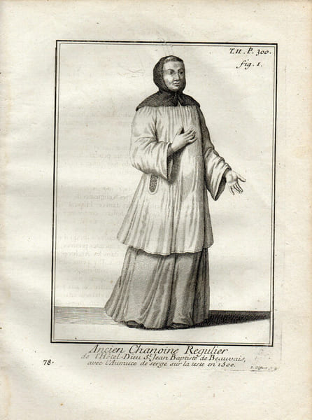 Gravure sur cuivre.  
CHANOINE REGULIER de L'HOTEL DIEU St JEAN-BAPTISTE DE BEAUVAIS aumone . 