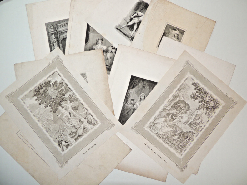 
Lot de 10 gravures XIXe sur acier, mythologie, personnages, scènes voyages... 