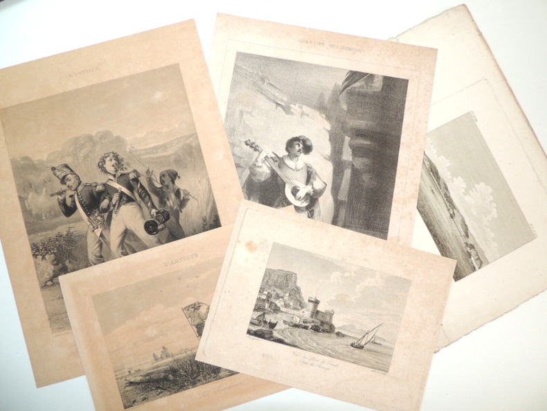 Lot de 5 gravures XIXe sur acier, mythologie, personnages, scènes voyages... 
