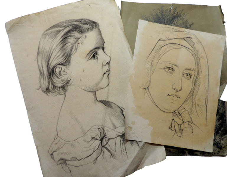 Bon lot 3 dessins &agrave; la Mine de Plomb sign&eacute;s " Pauline et Mathilde Mauras. ". Pauline et Mathilde Mauras