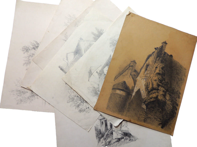 Bon lot dessins Mine de Plomb sign&eacute;s " Pauline et Mathilde Mauras. 1864 ". Pauline et Mathilde Mauras