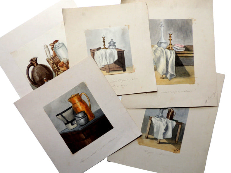 Bon lot aquarelles couleurs sign&eacute;es " Pauline et Mathilde Mauras. 1874 ". Pauline et Mathilde Mauras