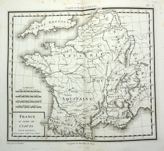 XVIIIe Carte de France. temps de Clovis, par Mentelle, Historiographe. par Mentelle, Historiographe du Comte d'Artois

Grav&eacute;e par P.F. Tardieu