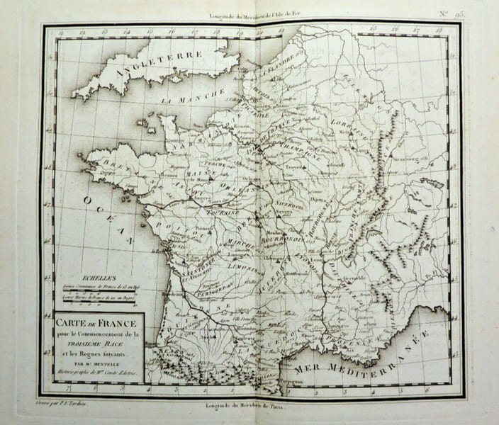XVIIIe Carte de France. D&eacute;but des Cap&eacute;tiens. Trois&egrave;me race et r&egrave;gnes suivants. par Mentelle, Historiographe du Comte d'Artois

Grav&eacute;e par P.F. ...