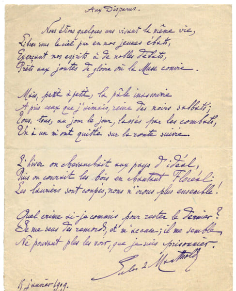 Po&egrave;me autographe " AUX DISPARUS " ( 1847-1927). Jules de Marthold