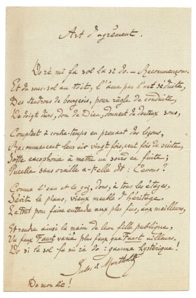 Po&egrave;me autographe ARTS D'AGREMENT " ( 1847-1927). Jules de Marthold