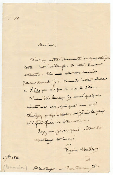 1880. Lettre autographe Eug&egrave;ne Muller &eacute;crivain Francais XIXe. Eug&egrave;ne Muller