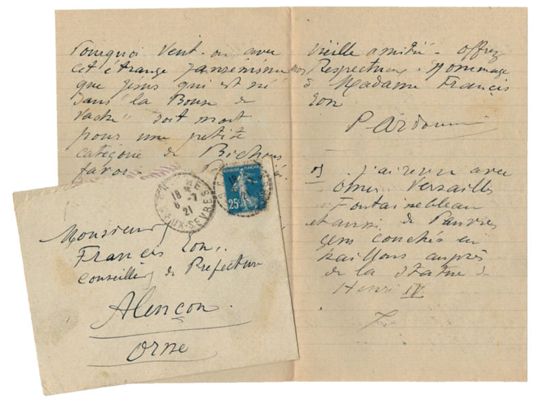 Lettre autographe manuscrite anonyme au po&egrave;te Francis Eon. 1921. Francis Eon