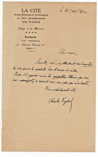 L.A.S Charles Fegdal &agrave; Charles Bonnet, Archiviste de l'Op&eacute;ra de Paris.. Charles Fegdal 
