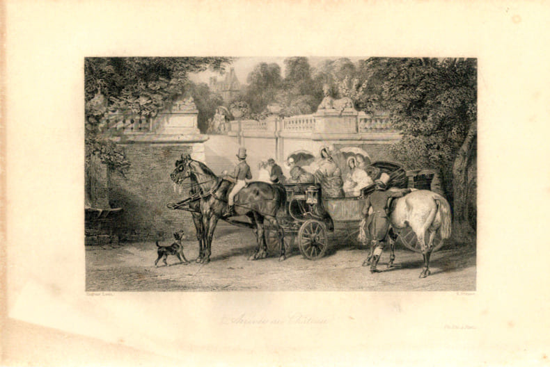 Gravure Eug&egrave;ne Lami. 1840. Paris. Arriv&eacute;e au chateau. Eug&egrave;ne Lami