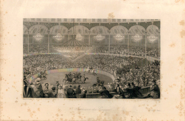 Gravure Eug&egrave;ne Lami. 1840. Paris.Int&eacute;rieur de cirque. Eug&egrave;ne Lami
